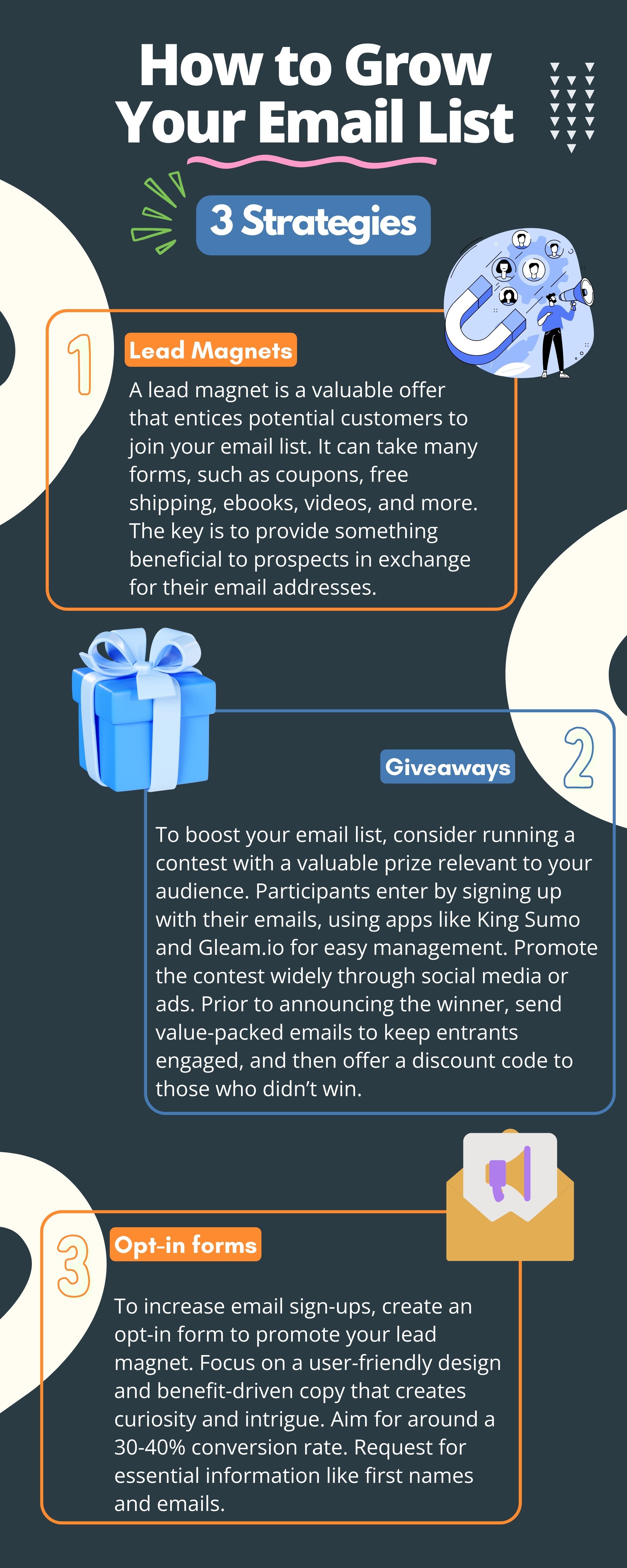 Growing an email list with 3 strategies, including giveaways, lead magnets, and optin pages.